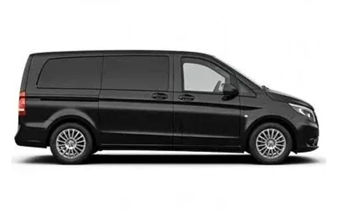 This black Mercedes-Benz Vito VIP on a white background is a Belek taxi to hotels for six passengers and six suitcases.
