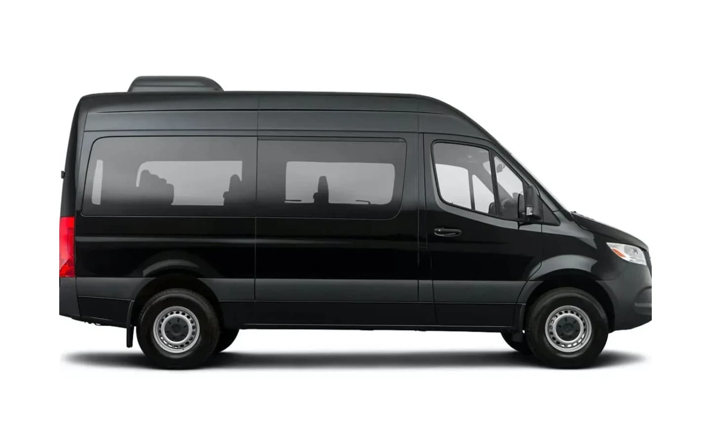 A black Mercedes-Benz Sprinter on a white background for a Belek hotel transfer carrying up to thirteen passengers.