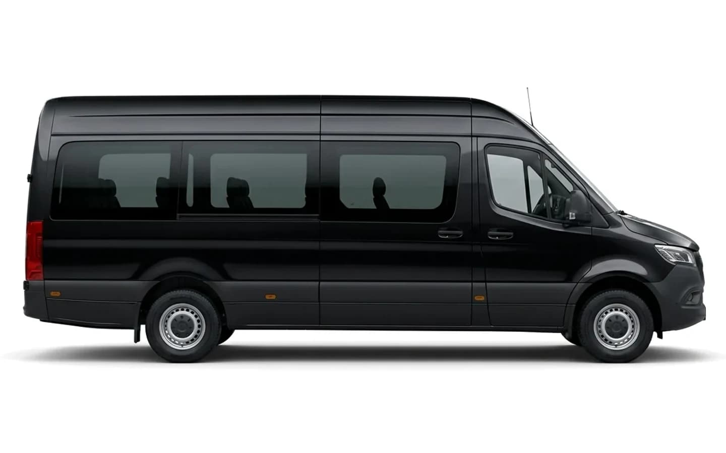 This black Mercedes-Benz Sprinter 516 on a white background is a Belek taxi to hotels for sixteen passengers.