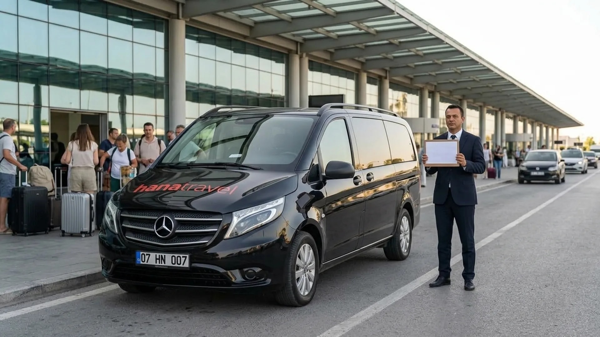 Hana Travel driver waiting beside the black Vito at the arrivals kerb for an airport transfer to Belek