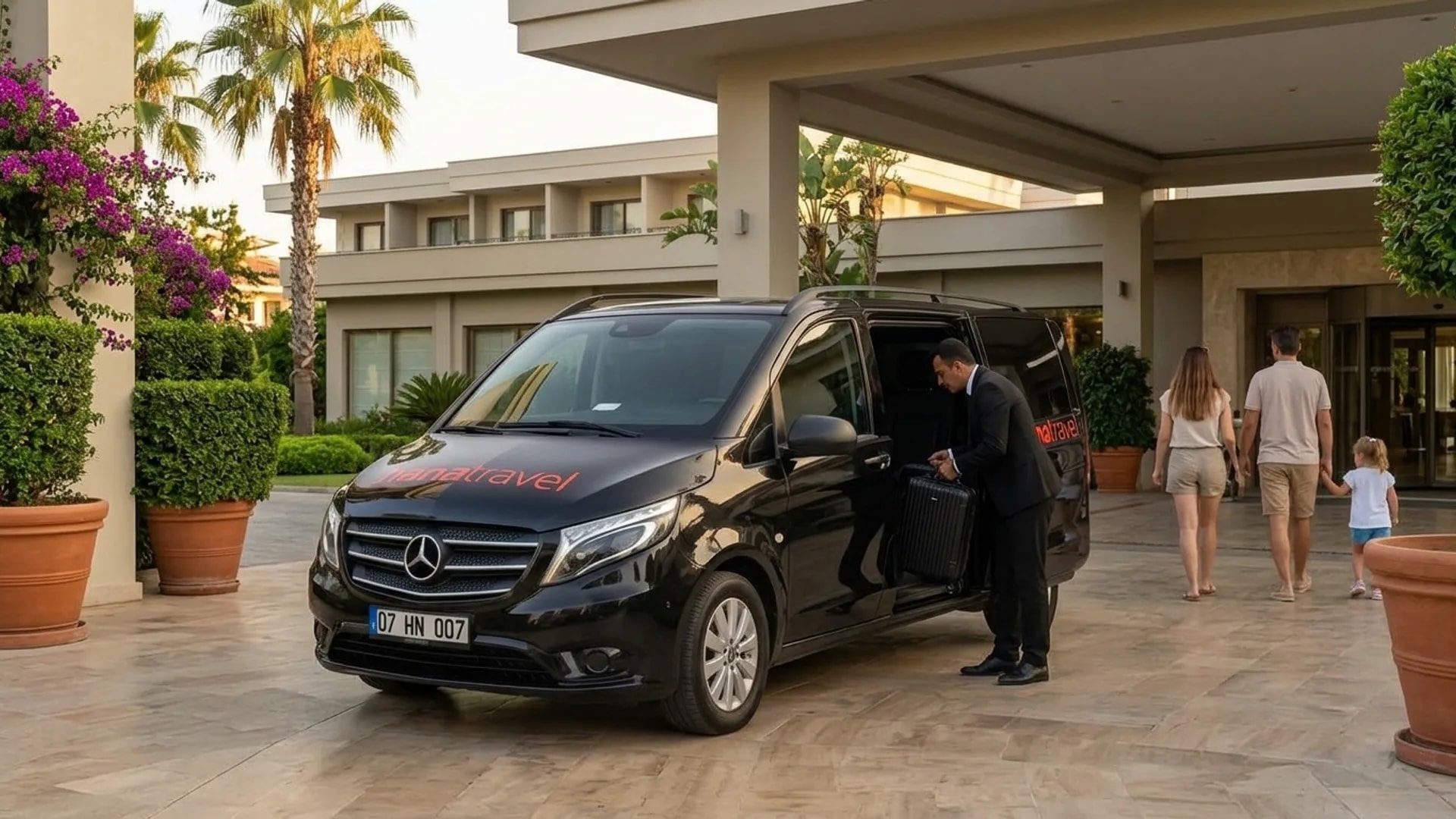 Driver unloading suitcases from the Hana Travel van at a resort entrance after a Belek hotel transfer